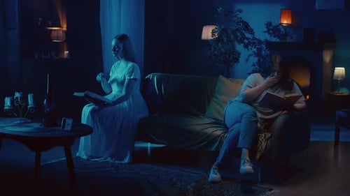 Women Relaxing and Reading on Sofa at Night
