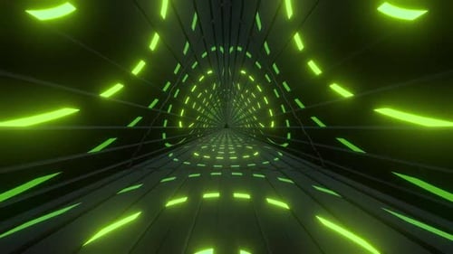 Dynamic neon tunnel with vibrant green lights creating futuristic design
