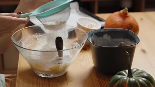 Homemade Recipes for Delicious Cookies. Pumpkin ingredients on the table.