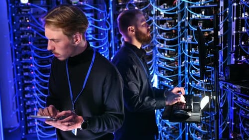 IT professionals working in bright server room