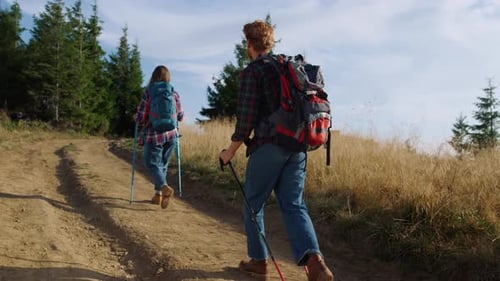Serious Man and Woman Trekking on Road in Mountains. Female and Male