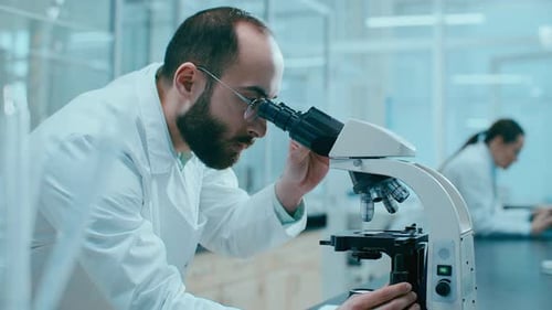 Bearded Man Using Microscope in a Brightly Lit Lab