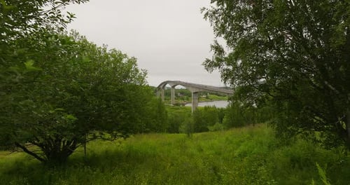 Aerial dolly footage of the imposing and impressive Saltstraumen Bridge