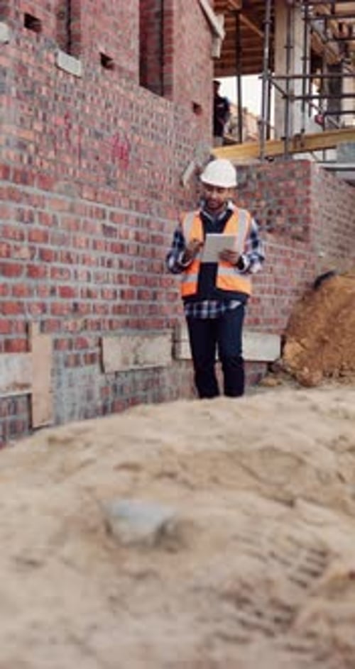 Construction, man and site inspection with tablet for masonry safety, progress report or compliance