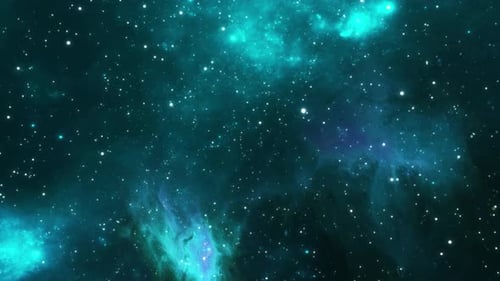 Voo de viagem espacial através de constelações e nebulosas azuis. Voo fantástico pelas estrelas, lento