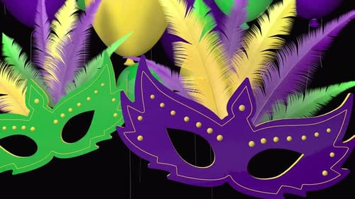 Mardi Gras transition with masquerade masks and balloons