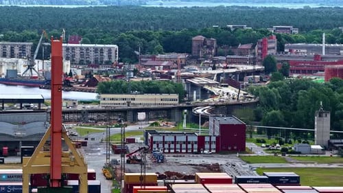 Port Terminal With Shipping Containers In Riga, Latvia. Aerial Shot