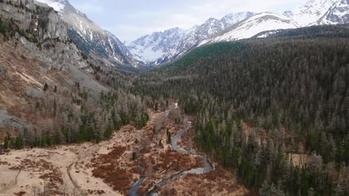 Winding River Flows Through Snowy Mountain Valley Media