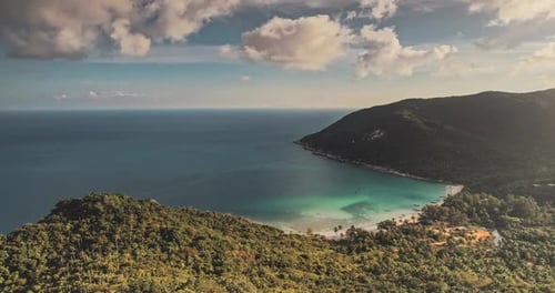 Aerial Mountains Island Lagoon Ocean View Timelapse Cloud Sunset Coast Paradise Beach with Boat