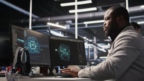 Data Center Computer Scientist Monitoring Servers Performing AI Training
