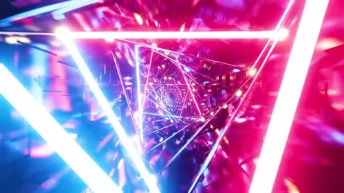 Enter the neon triangle tunnel, futuristic bright glow video