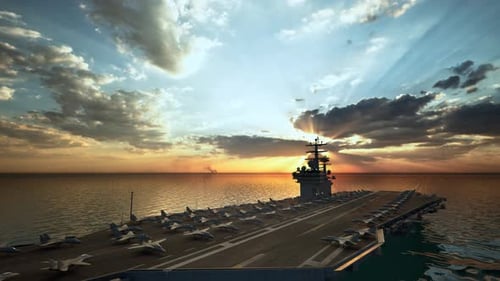 Aircraft Carrier Warship Battleship In The Ocean Navy, Sunset Time