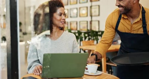 Customer, waiter and service in coffee shop for morning, happiness and hospitality in city