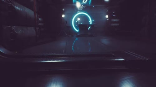 Couloir futuriste avec portail circulaire lumineux et reflets visibles