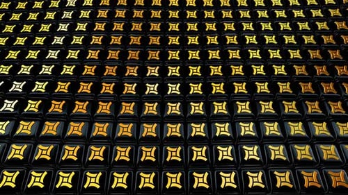 Rhythmic Golden Shapes on Reflective Black Tiles Background Loop