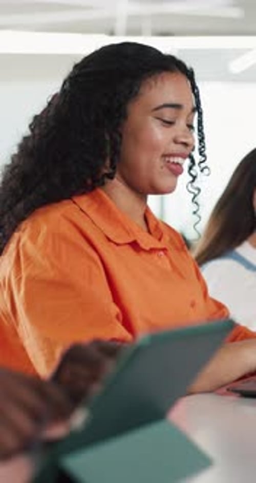 Happy, woman and typing with laptop, coworking and copywriter with blog post on website or creative