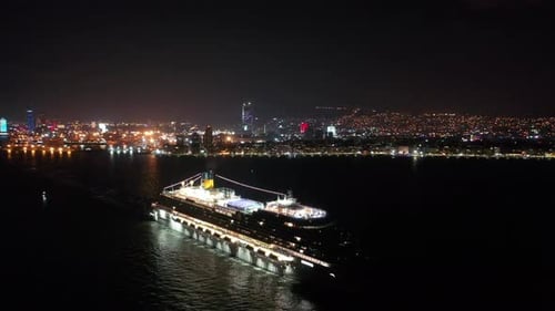 Cruise Ship Drone View Going at Night