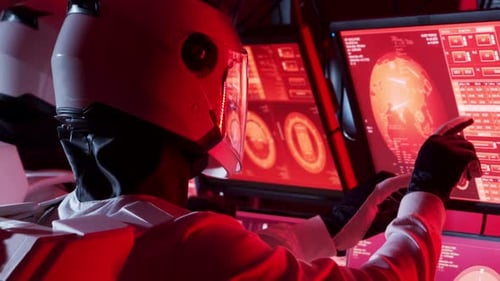 Team von Astronauten in Raumanzügen an Bord der Marsstation Eine Crew von Kosmonauten steuert die