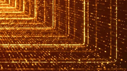 Golden Shimmering Particle Tunnel with Geometric Square Outlines