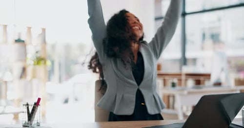 Happy business woman, celebration and throwing documents in success or completion at office