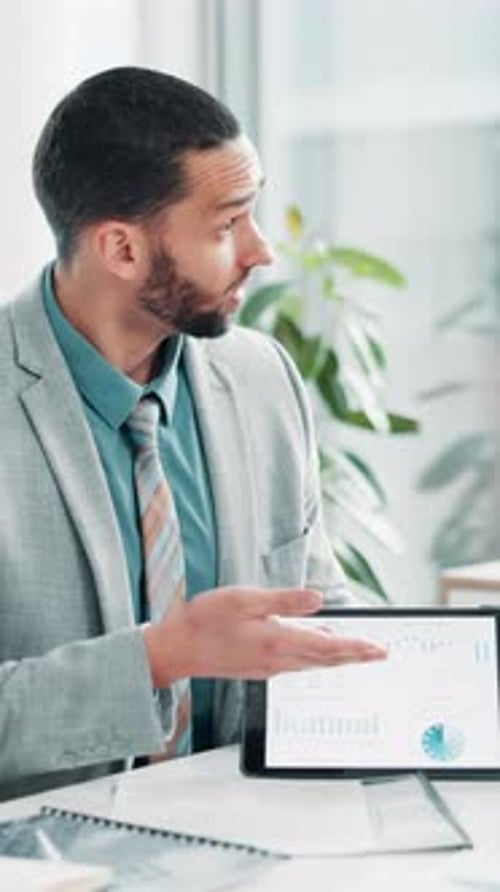 Meeting, pitch or businessman on tablet screen for charts, data or graphs for project funding