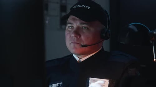 Security Officer Sits on Works Late Night