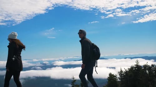 Hiking couple enjoys sunny mountain peak lake view summer adventure together