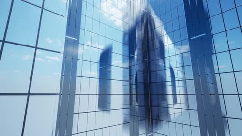 Modern Glass Skyscraper Exterior With Sunshine And Reflection On The Windows