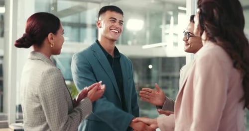 People, handshake and clapping for promotion in office, company meeting and proud of acquisition