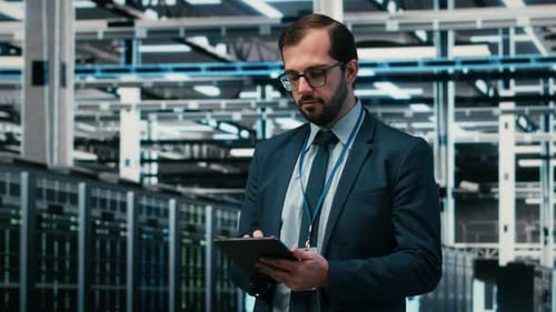Portrait of Data Center Engineer Monitors System Performance Using AR Simulation