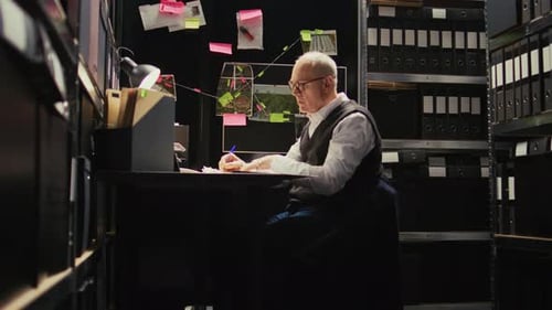 Adult Writing at Desk Surrounded by Files