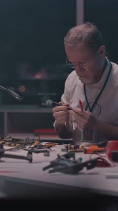 Caucasian Od Man Engineer Sitting at Table Office Soldering Iron Materials on Microchip Board