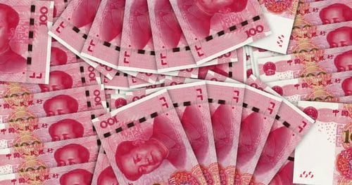 Chinese yuan Renminbi 100 banknotes in a fan mosaic pattern 3d loop