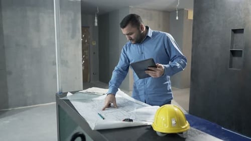 Man Reviews Blueprint on Tablet in Unfinished Room