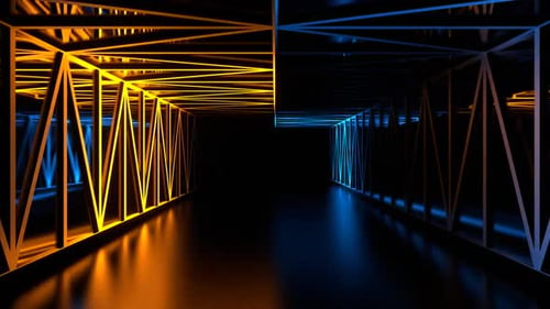 Mirrored Corridor With Orange And Blue Neon Lines Background Vj Loop In HD