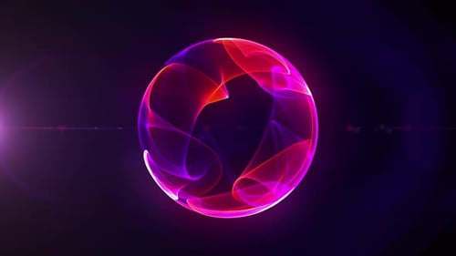 Loop abstract alien digital sphere consisting of wavy gradient shapes and lines, in neon red, purple