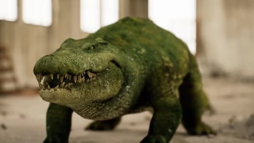Crocodile dans un bâtiment abandonné avec de la mousse verte sur sa peau