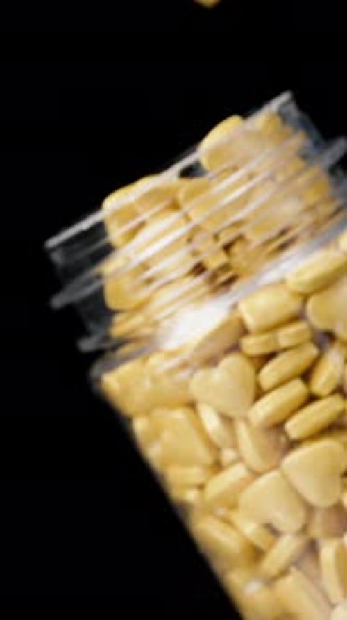Vertical video. Golden Hearts Fall Down from a Jar, Sugar Sprinkles for Sweets. Slow Motion.