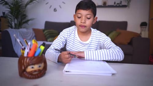 Young Boy Studying at Home Concentrated Doing Homework in the Living Room