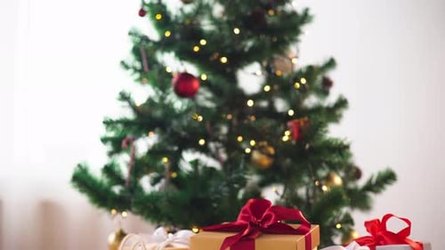 Gifts Beneath Christmas Tree, Holiday Celebration in Home