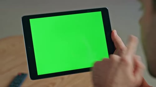 Freelancer Hands Swiping Green Screen Tablet Searching Information at Workplace