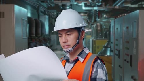 Close Up Side View Of Asian Male Engineer Looking At Blueprint In His Hands In Engine Control Room