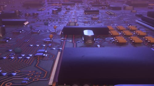 Flying Over a Futuristic Digital Circuit Board Animation