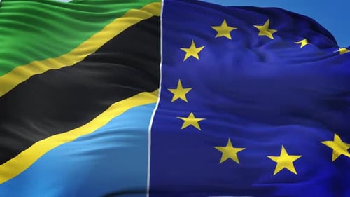 Tanzania and European Union Flags Waving Seamlessly
