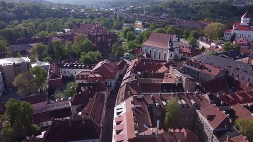 AERIAL Vilnius Historical Old town and Saint Anne's Church Flyby