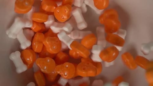 Halloween Candy Skulls and Bones Fall into Bowl