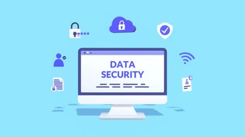 Animation du concept de sécurité des données et de cybersécurité. Moniteur avec animation d'icônes de sécurité des données
.