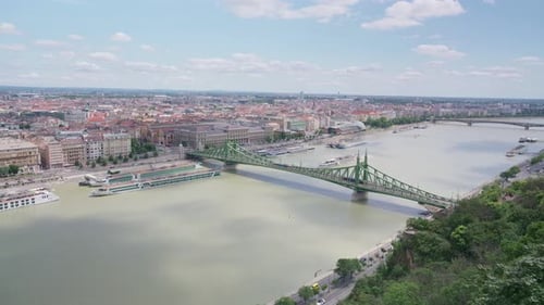 Top view of the City of Budapest and the Liberty Bridge or Freedom Bridge, Hungary