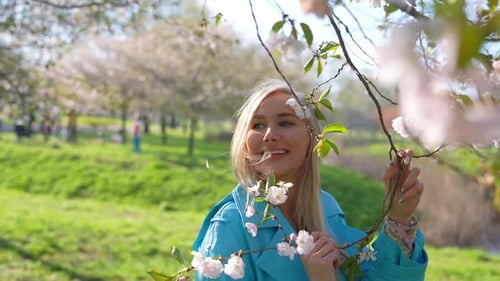 Woman at Blossoming Sakura Tree on Nature Close Up Portrait Young Face Woman with Beautiful Eyes