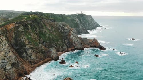 Turquoise Sea and High Cliffs Mountains Aerial View From Drone Landscape Seascape